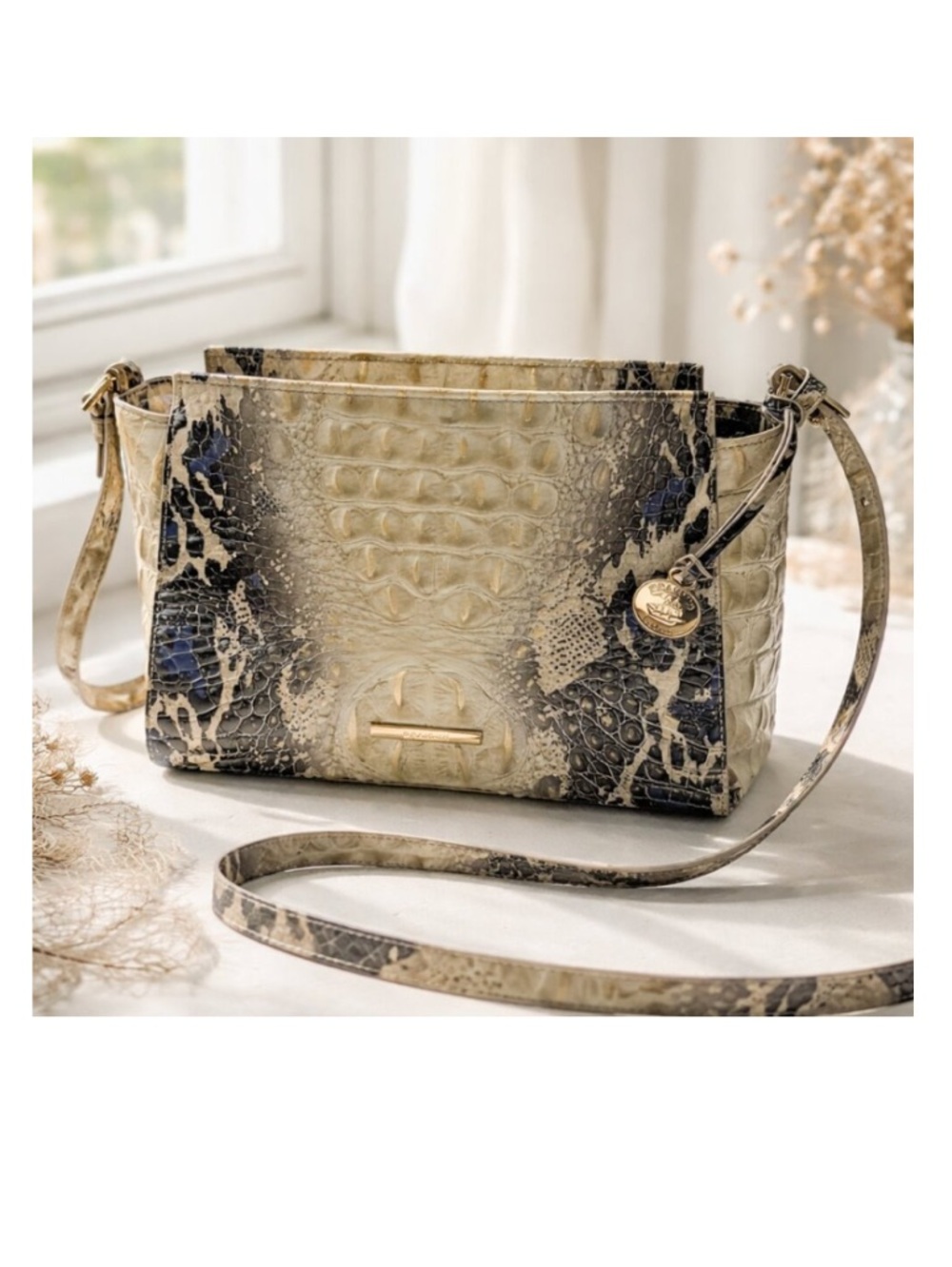 Brahmin Hillary Cream and Blue Embossed Leather Crossbody Bag